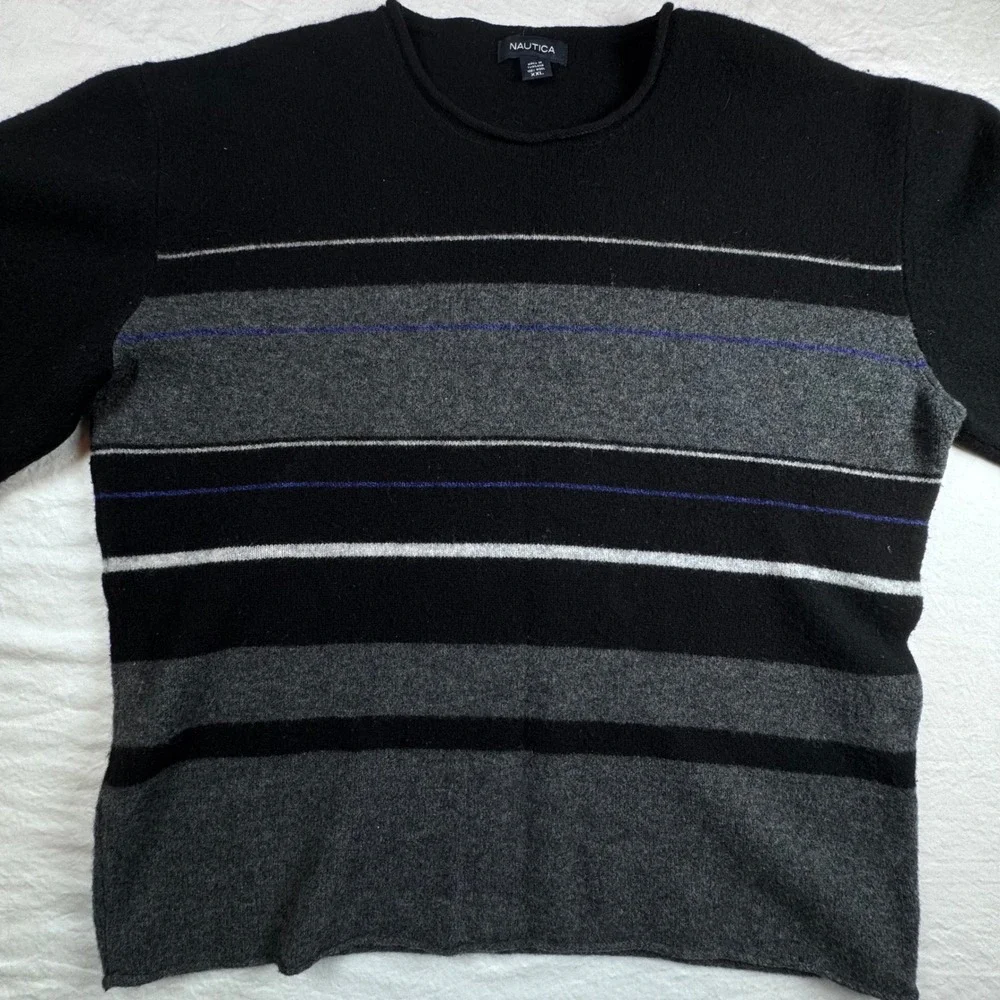 Nautica Sweater Mens XXL Black Grey Striped 100% Wool Crewneck Pullover